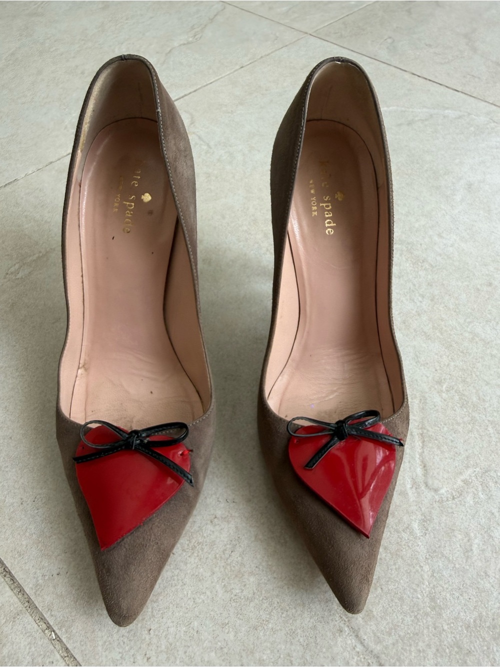 kate spade Brown Suede Pointed Pumps with Red Heart Accent